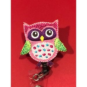 Pink Owl ID Badge Holder with Retractable Lanyard